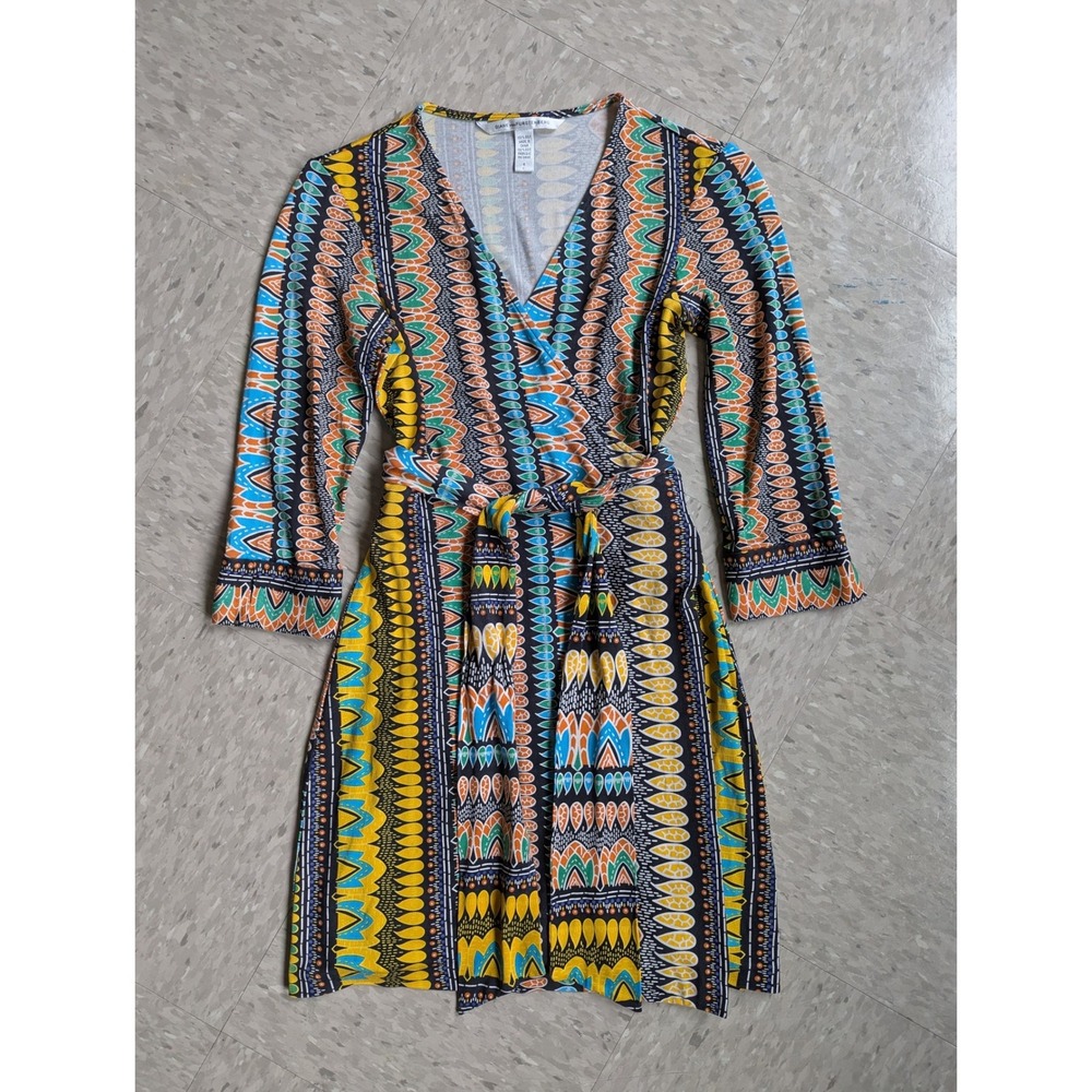 Diane von Furstenberg Evrin‎ Silk Wrap Dress Yellow Blue  Print Size 4 V-Neck
